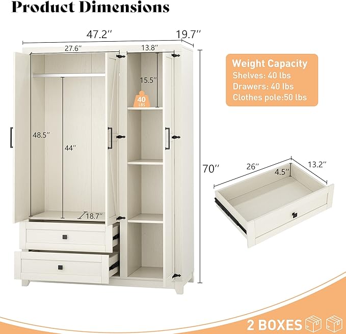 AMERLIFE Farmhouse 3 Door Wardrobe Closet with 2 Drawers & Hanging Rod, 47" Large Armoire Storage Cabinet with Adjustable Shelves, Freestanding Clothing Organizer for Bedroom, White