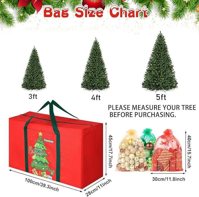 Christmas Tree Storage Bag 4FT 600d Oxford Fabric Small Christmas Tree Bag 5FT for Ornament Storage 100 X 45 X 28cm with 3 Christmas Decoration Storage Bag 30X40cm