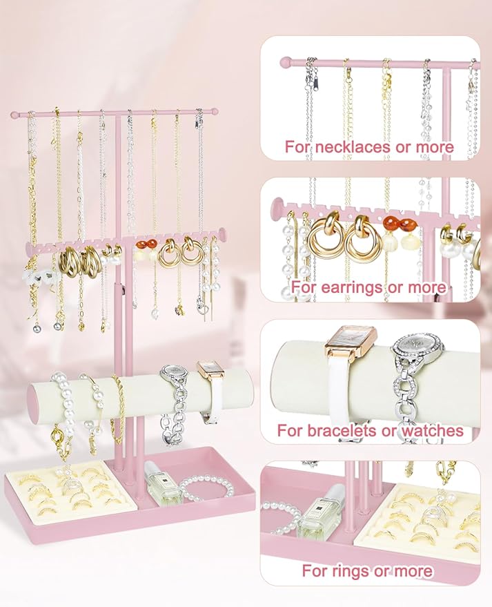 Jenseits Jewelry Holder Stand Organizer, 3-Tier Necklace Holder w/Bracelet Holder Display & Velvet Rings Tray, Pink Jewelry Organizer for Women Girls, Cute Aesthetic Jewelry Hanger Tower Storage Rack