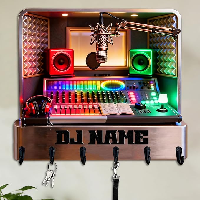 Custom 2D Flat Print Designed Wall Hooks with a Music Producer Theme Personalzied Musician Names Key Storage Holder Radio Station Coat Rack Home Decor Gift for Culb Living Room Hallway Bedroom