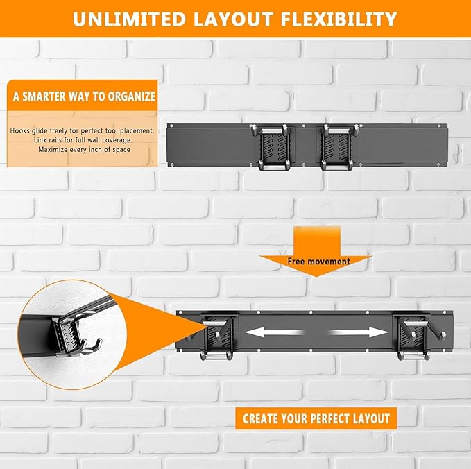 Garage Tool Organizer Wall Mount, 48 inch Garage Wall Organizer, 480lbs Sturdy Garden Tool Organizer with 6 Adjustable Bilayer Hooks, for Yard, Shed, Basement, Workshop(Black)