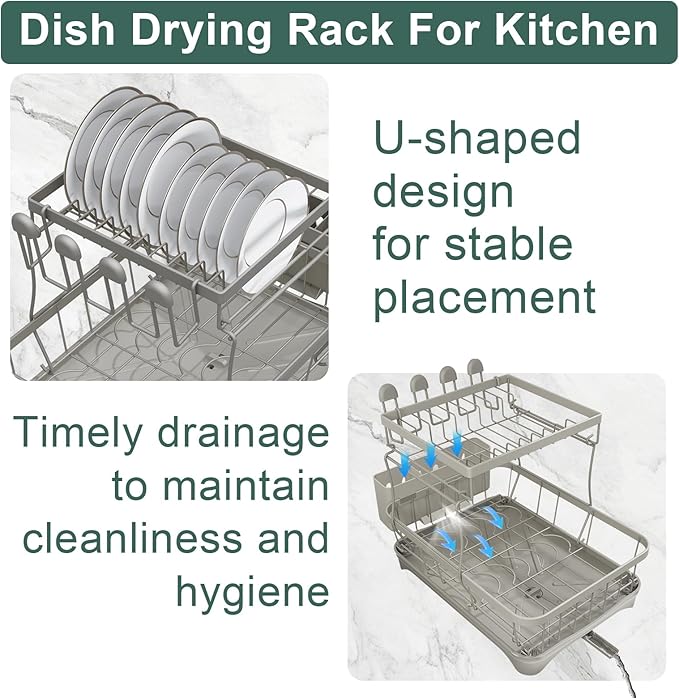 LIYI Dish Drying Rack,Large Dish Rack for Kitchen Counter,2-Tier Dish Racks with draining Tray,Detachable Capacity Dish Drainer Organizer,Grey