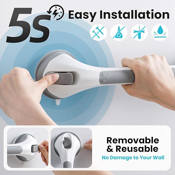 TAILI Shower Grab Bar Glow in The Dark, 16.8 in Grab Bars for Bathtubs, Shower Handles Bath Rails for Seniors and Elderly, Bathroom Safety Grip Removable No Drilling Waterproof Grey