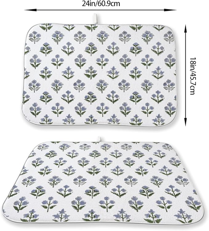 Vintage Blue Sage Green Floral Dish Drying Mat 18 x 24 Inch Block Print Floral Drying Mat for Kitchen Counter Absorbent Boho Flowers Dishes Dry Pad for Drainer Rack Kitchen Fast Dry