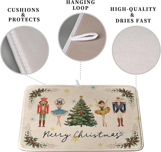 Merry Christmas Nutcracker Dish Drying Mat for Kitchen Counter 18x24 Inch Winter Xmas Tree Snowflakes Drying Mats Microfiber Absorbent Dish Drainer Washable Dish Rack Pad for Sink Coffee Bar