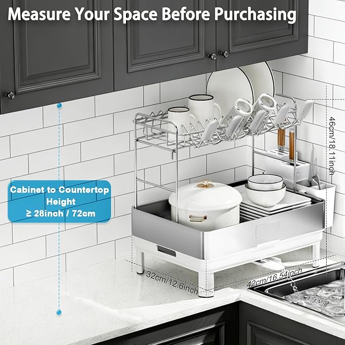 Ewaiira Large Dish Drying Rack, 304 Stainless Steel Dish Racks for Kitchen Counter, Automatic Drainage Spout, Rustproof Kitchen Dish Drainers with Drainboard, Utensil Holder & Glass Holder, White