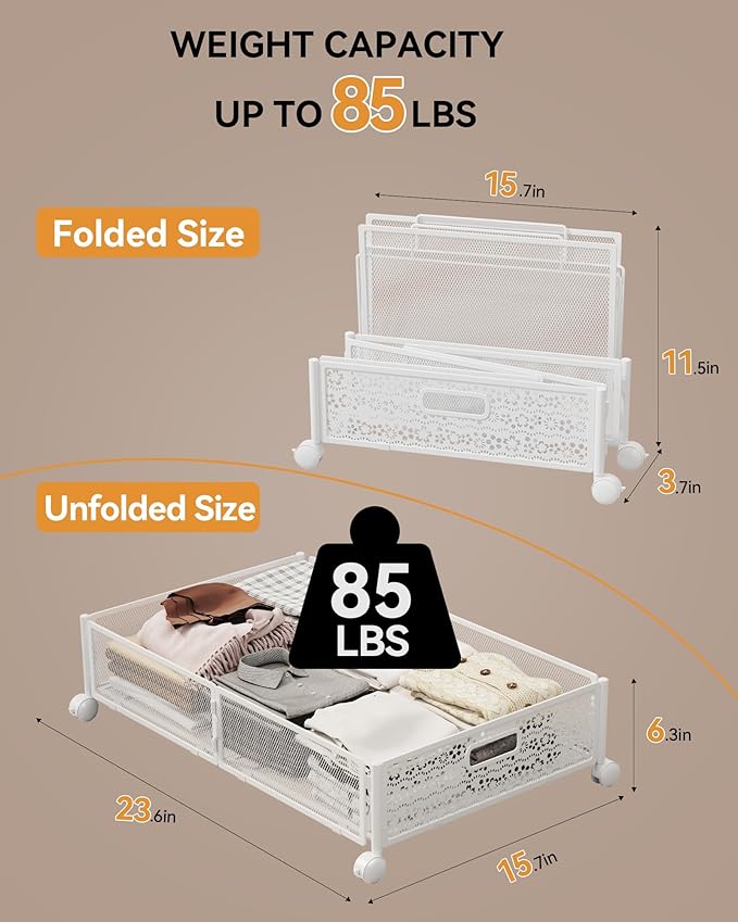 Under Bed Storage with Wheels, Foldable Pattern Carved Metal Under The Bed Storage, Tool-Free Assembly Under The Bed Storage Bins, 60L Underbed Storage for Bedroom Clothes Blankets Shoes Toys-4 Pack