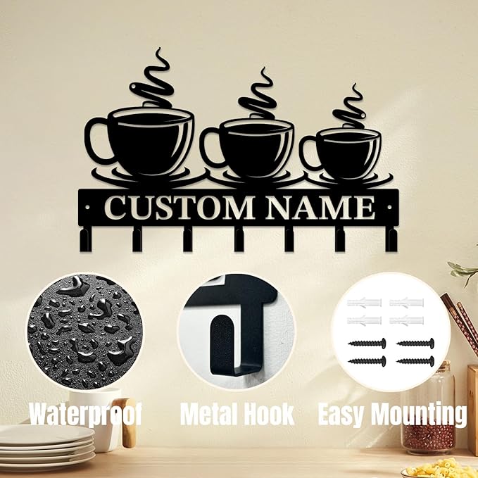 Personalized Custom Name Coffee Bar Wall Keys Hooks,Metal Coffee Shop Art Clothes Hooks,Metal Coffee Lover Wall Home Storage Decorative,For Front Door, Hallway, Kitchen, Bedroom,Keys,Hats (Style I)