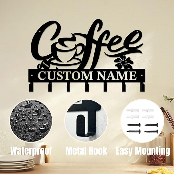 Personalized Custom Name Coffee Bar Wall Keys Hooks,Metal Coffee Shop Art Clothes Hooks,Metal Coffee Lover Wall Home Storage Decorative,For Front Door, Hallway, Kitchen, Bedroom,Keys,Hats (Style F)