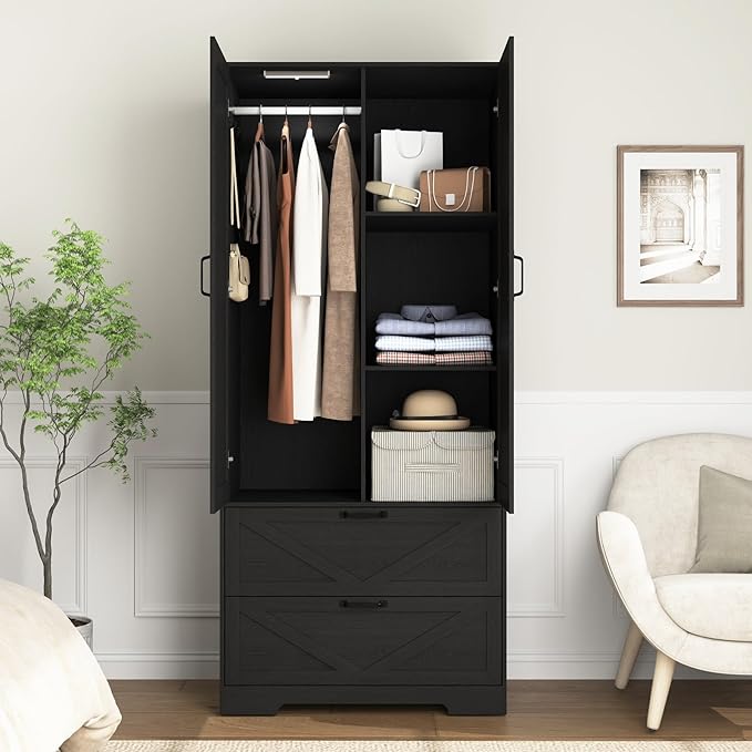 Armoire Wardrobe Closet with Mirror and 2 Drawers, 72'' Bedroom Armoire Wardrobe Cabinet with Hanging Rod and Light,Wooden Bedroom Closet with Adjustable Shelf