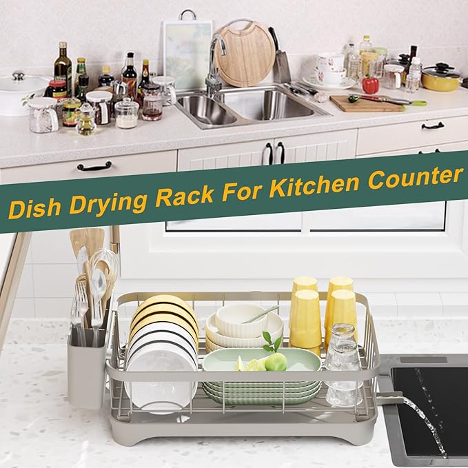 LIYI Dish Drying Rack, Adjustable Spout Design,Kitchen Dish Racks,Made of Iron Material,with Removable Draining Board,Suitable for Kitchen and Caravan Use Scenarios,Grey