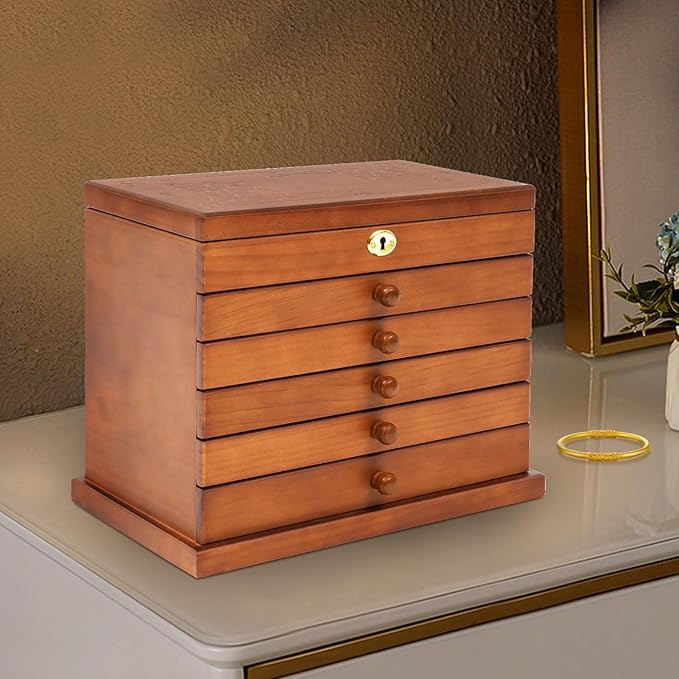 6-layer Jewelry Box Organizer with Lock and Mirror, Wooden Jewelry Boxes & Organizers,Jewelry Storage for Rings Earrings Necklaces Bracelets Christmas New Year Gifts
