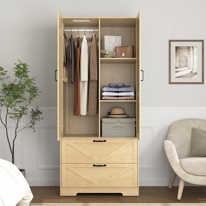 Armoire Wardrobe Closet with Mirror and 2 Drawers, 72'' Bedroom Armoire Wardrobe Cabinet with Hanging Rod and Light,Wooden Bedroom Closet with Adjustable Shelf