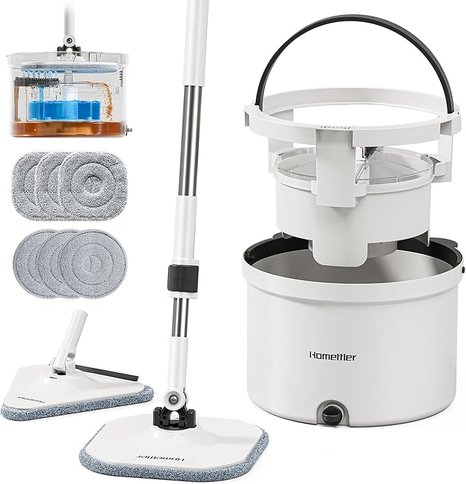 HoMettler Mop and Bucket Set, Spin Mop and Detachable Inner Mop Bucket with Separate Dirty/Clean Water System, Self-Wringing Square Mops for Floor/Wall Cleaning with 6 Microfiber Pads