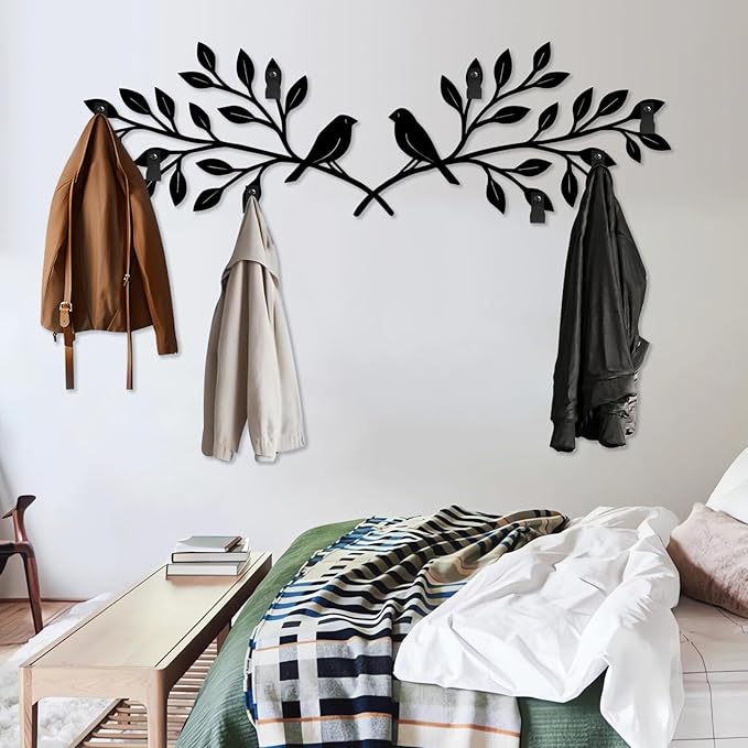Bay Leaf Metal Coat Rack, Tree Branch and Birds Coat Rack, Bay Leaf Wall Hanging, Boho Wall Mount, Nature Room Decor, Home Storage Organization in Entryways (Gold, 14"x48"|36x121cm)