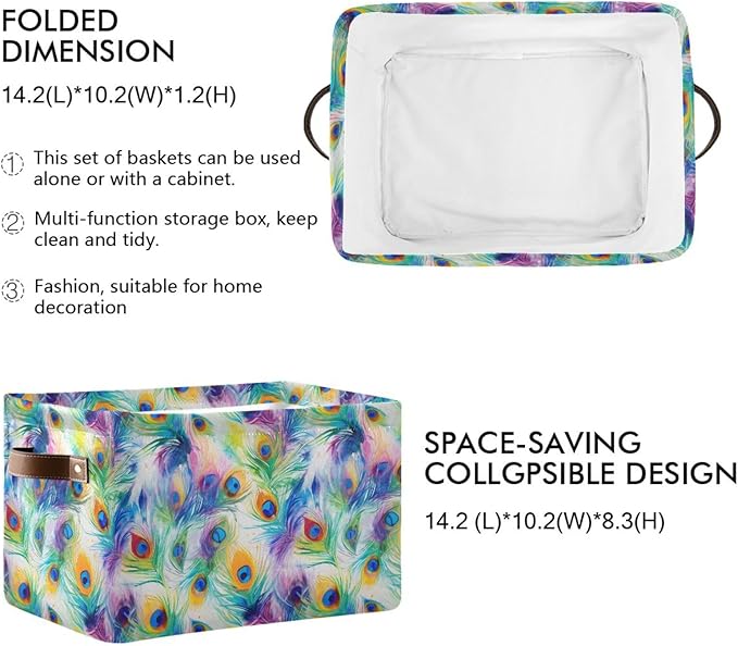 ALAZA Peacock Watercolor Foldable Storage Box Storage Basket Organizer Bins with Handles for Shelf Closet Living Room Bedroom Home Office 2 Pack