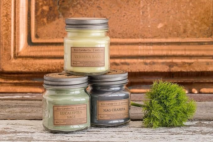 ECO CANDLE CO. Mason Jar Candle, Nag Champa, 8 oz. - Scents of Plumeria, Asian Resins, & Sandalwood - 100% Soy Wax, No Lead, Kraft Label & Antiqued Pewter Lid, Hand Poured, Midwest Grown Soybeans