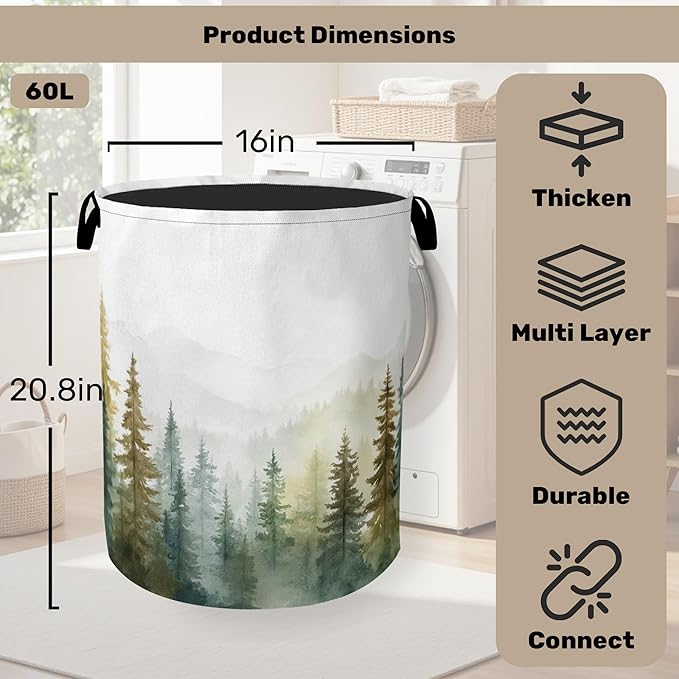 Misty Forest Green Foldable Laundry Hamper - Waterproof Fabric Storage Basket with Handles, Clothes Hampers for Laundry,Bedroom,Dorm