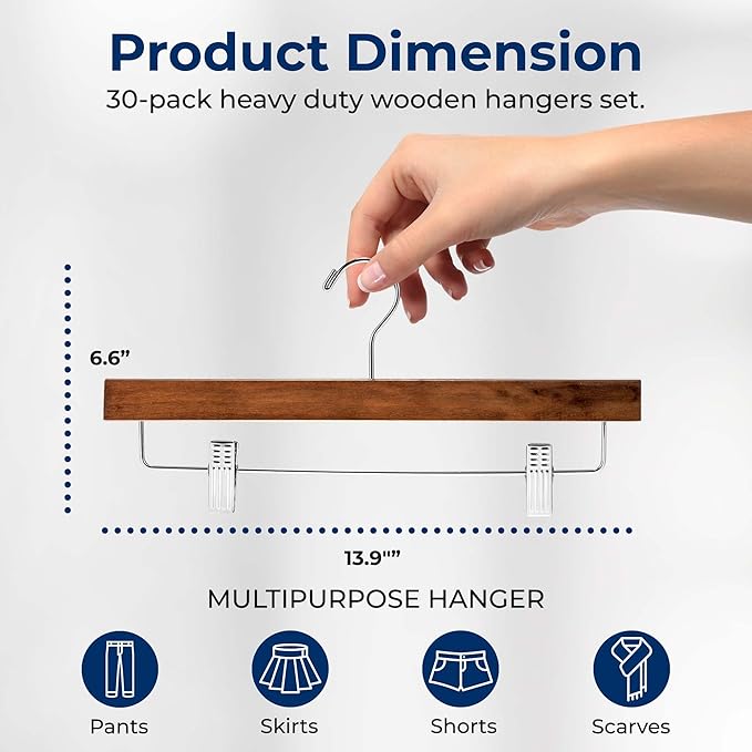 SereneLife 30 Pack Skirt and Pant Hanger with Adjustable Non-Slip Steel Clips, Premium Wooden, 360° Swivel Hook & 10 lb Capacity – Space-Saving Heavy-Duty Hangers for Jeans, Shorts & Slacks (Brown)
