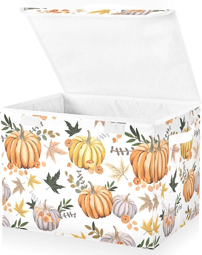 Thanksgiving Storage Baskets Collapsible Storage Bins with Lids, Pumpkins Flowers Leaves Thanksgiving Storage Boxes Clothes Baskets for Organizing