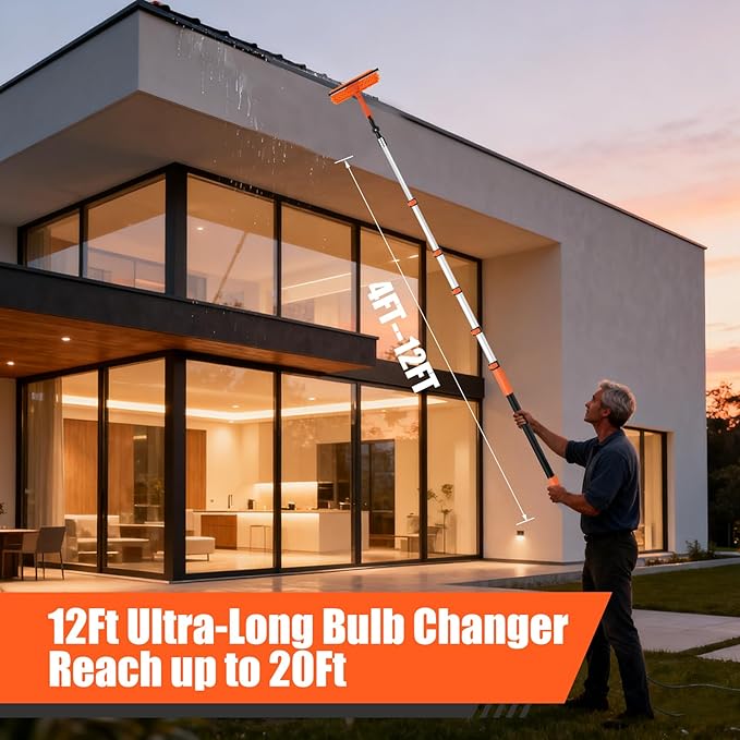 20FT Light Bulb Changer for High Ceilings with 5-12FT Heavy Duty Extension Pole,High Ceiling Ceiling Fan Cleaner Duster Kit for Home & House High Window, Interior Roof Window Cleaning Orange