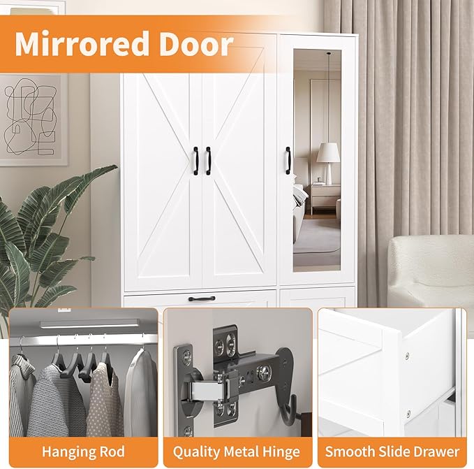 Armoire Wardrobe Closet with Mirror and 2 Drawers, 72''H Bedroom Armoire Wardrobe Cabinet with Hanging Rod and Light,Wooden Bedroom Closet with 3 Door