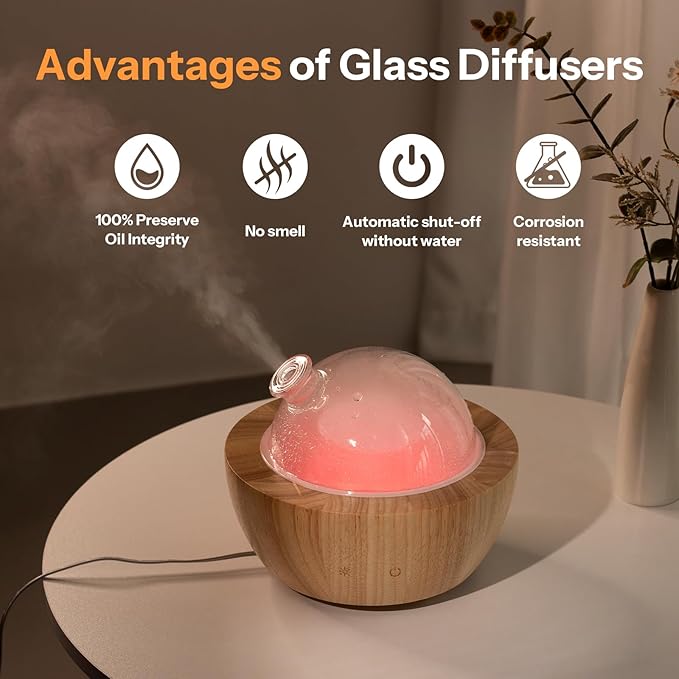 Wanlola 280ml Glass Essential Oil Diffuser with Natural Wood Base, The 2025 Upgrade Aromatherapy Diffusers for Home, Cool Mist Air Aroma Diffuse Humidifier with 7 Color Lights for Office, Bedroom