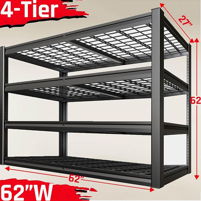 SKZNSA 62" Wide Heavy Duty Garage Shelving Units, 4-Tier Deep Storage Shelves,Black Metal Garage Shelves,Steel Shelf,Large Storage Rack,Industrial Shelving for Shop, 62" W x 27" D x 62" H