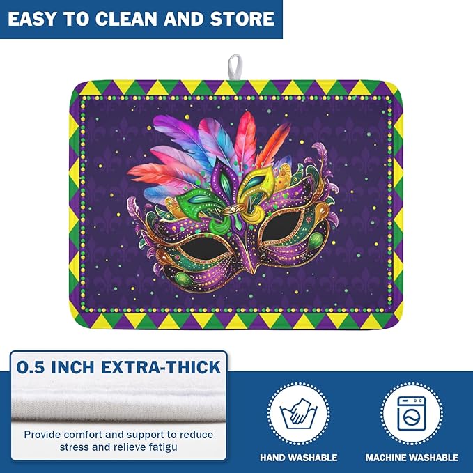 Wnoesat Mardi Gras Dish Drying Mat for Kitchen Counter Masquerade Mask Feather Drying Mats Absorbent Reversible Microfiber Washable Draining Pad Washable Dry Mat 18x24 Inch