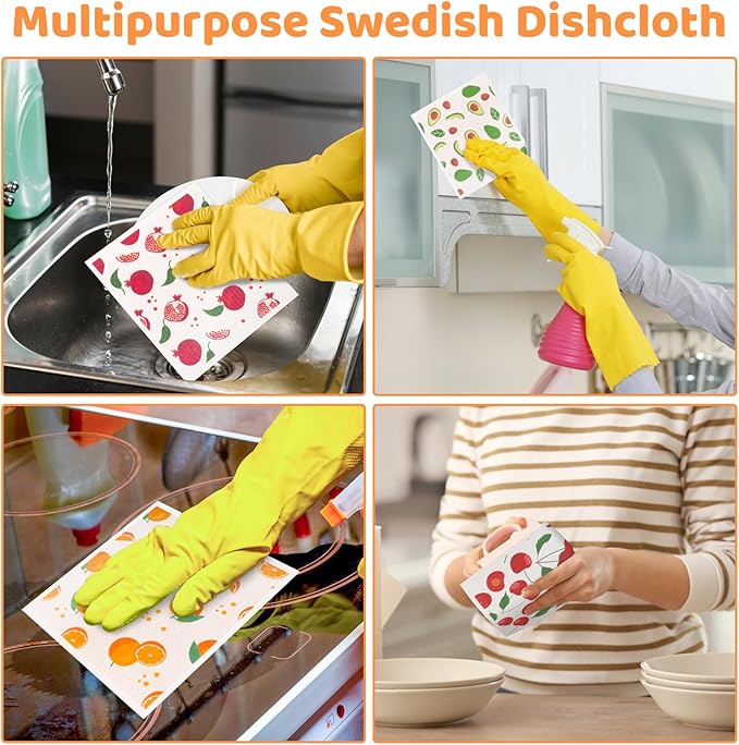 6 Pack Fruit Swedish Dishcloths for Kitchen,Swedish Rags Dish Towels with Clips, Reusable Paper Towels Washable Absorbent Cellulose Sponge Cloths for Cleaning Home Valentines Gifts for Women