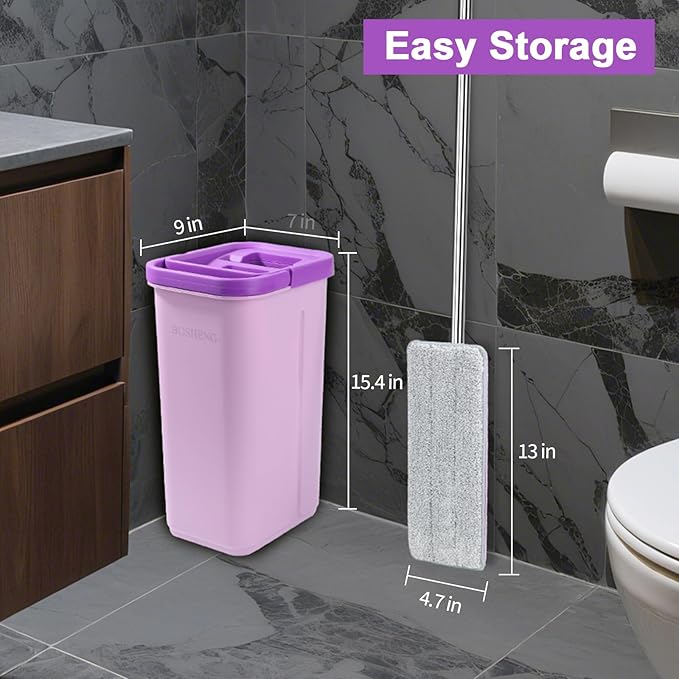 BOSHENG Mop and Bucket with Wringer Set, Hands Free Flat Floor Mop and Bucket, 5 Washable Microfiber Pads Included, Wet and Dry Use, Home Floor Cleaning System for All Floor Types and Windows,Purple