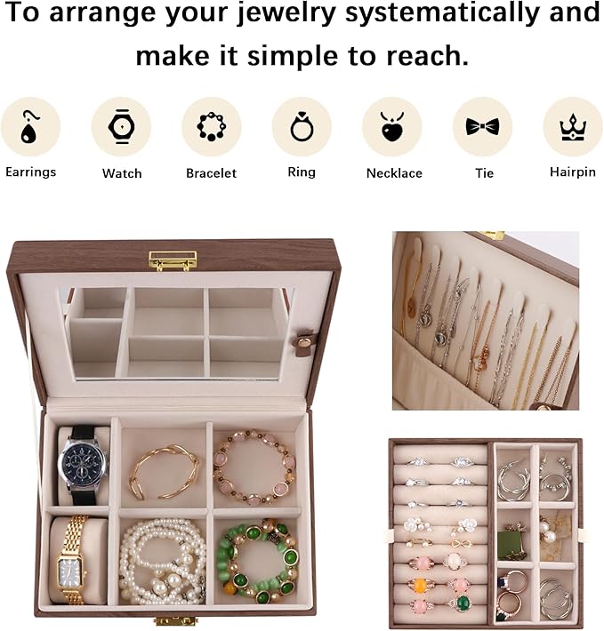 Homeanda Jewelry Box with Mirror Travel Jewelry Organizer 2 Layer Large Jewelry Storage Case Waterproof PU Leather Storage for Women Girls (Dark Brown)