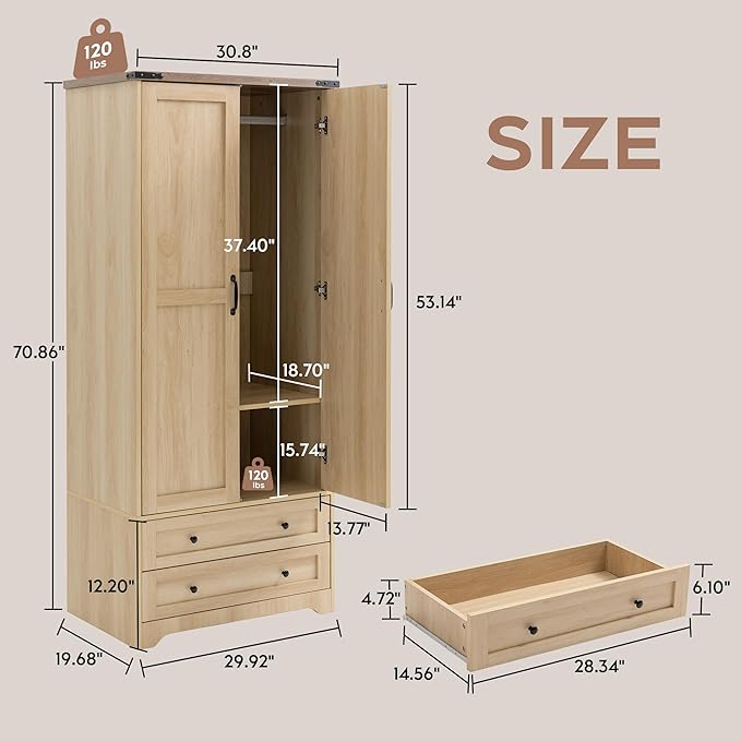 Brafab Wooden Armoire Wardrobe Closet with 2 Modern Doors, 71" Tall Freestanding Closet Wardrobe Cabinet with Drawers and Hanging Rail, Storage Cabinet with Shelve for Bedroom (Natural, 2 Doors)