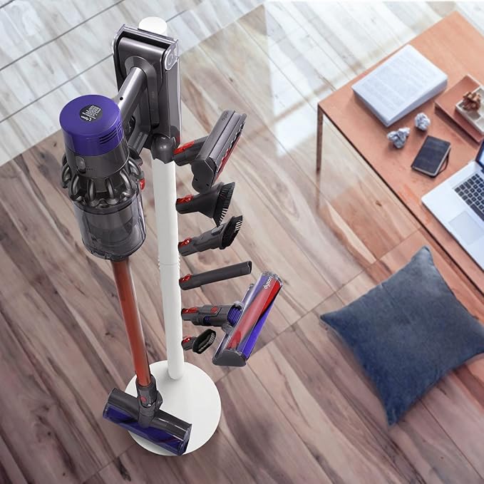 Freestanding Vacuum Stand Holder Compatible with V15 Detect, V11 V10 V8 V7 V6 Cordless Vacuum Cleaners, Floor Docking Station Metal Organizer Bracket with 6 Hooks, White