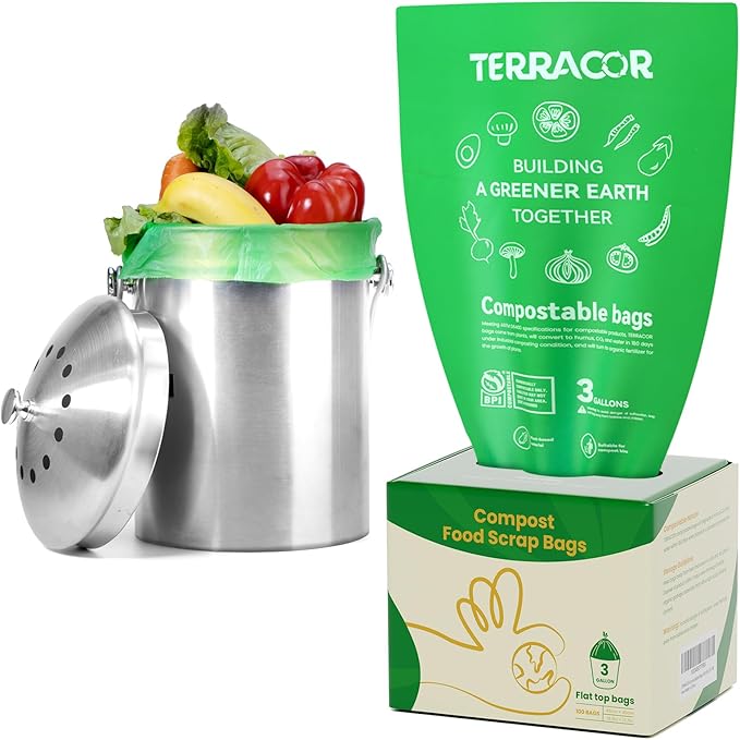 TERRACOR 3 Gallon Compostable Trash Bags, 100 Bags Compost Bags for Countertop Bin, BPI Certified and Meet The ASTM D6400 Standard