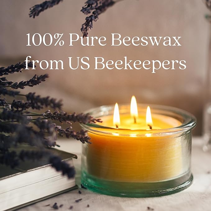 Bluecorn Beeswax 3-Wick Candle, 100% Pure Bees Wax, Cypress & Sandalwood Essential Oils Candle Wax, Soy Free, Clean Burning, Long Lasting, Gifts for Women & Men, American Made, 10 Oz