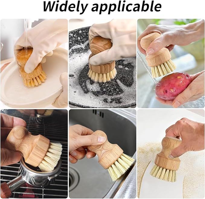 6 Packs Bamboo Dish Scrub Brushes，Kitchen Wooden Dish Scrubber Brush Dishwashing Scrubbers with Natural Sisal Bristles for Cleaning Pots, Pans, Sink, Woks,Vegetables