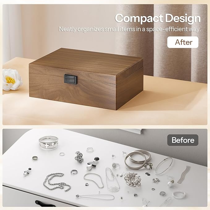 HOOBRO Wooden Jewelry Box for Women Girls, 2-Tier Jewelry Organizer with Removable Tray, Jewelry Storage Case with Clasp, for Necklace, Ring, Bracelet, Watch, Walnut BH29JB04