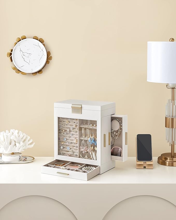 SONGMICS Jewelry Box with Glass Window, 5-Layer Jewelry Organizer with 3 Side Drawers, Jewelry Storage, with Big Mirror, Modern, 6.1 x 10.3 x 12.6 Inches, Cloud White and Metallic Gold UJBC162W01