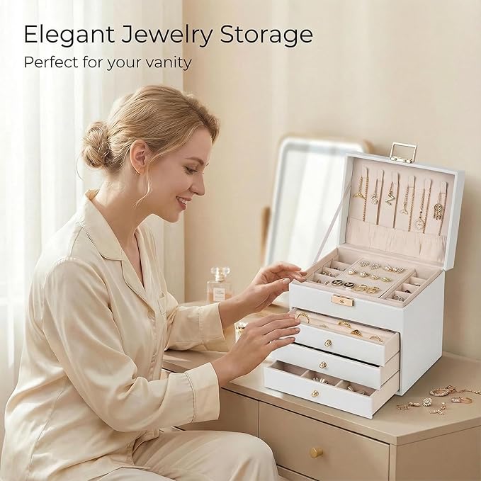 Leather Jewelry Box with Lock for Women, 4-Tier 3-Drawer Jewelry Organizer, Large Capacity Vanity Storage Case for Earrings Rings Necklaces, Gift for Her (White)