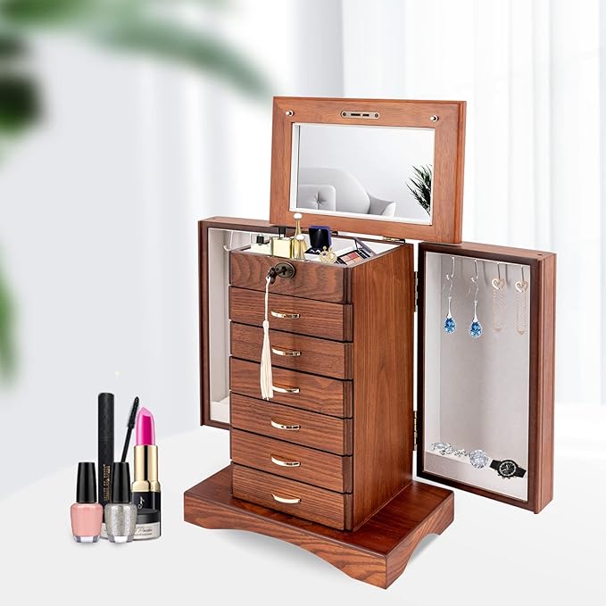 7 Layers +2 Swing-Out Jewelry Box,Jewelry Cabinet Organizer,Watch Storage Boxes,Rings Necklaces Organizer with Side Doors,6 Pull-Out Drawer,Mirror,Lock,Walnut (Walnut)