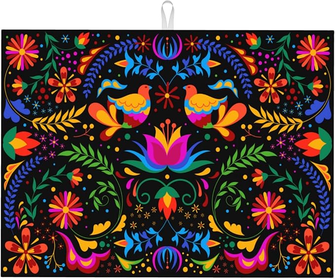Mexican Flower Microfiber Dish Drying Mat for Kitchen Counter Mexican Dishes Pad Black Dish Drainer Rack Mats 18"x24" Absorbent Washable Reusable