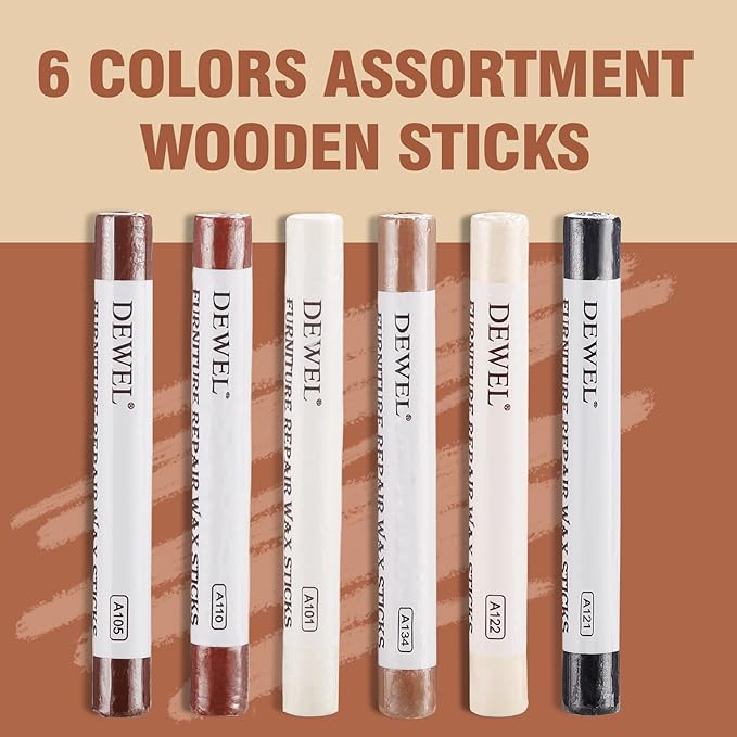 DEWEL Furniture Repair Crayon, 6 Colors Wood Filler Sticks, Wood Scratch Repair Wax for Filling Scratches, Cracks, Holes, Dents, Scuffs, Dings - A Simple and Convenient Wooden Repair Solution