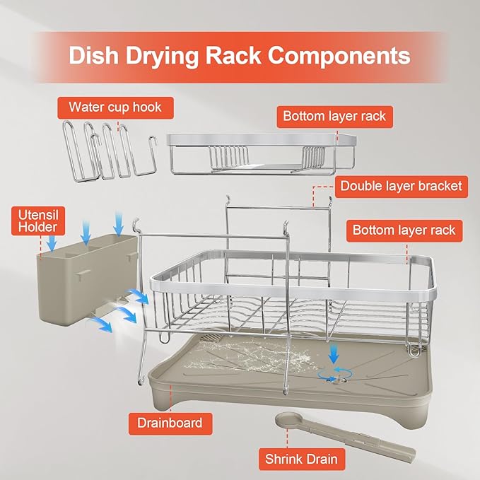 HOMEAILIE 2-Tier Dish Drying Rack for Kitchen Counter, 304 Stainless Steel Dish Rack with Adjustable Drainboard, Removable Utensil Holder & Water Tray, Grey