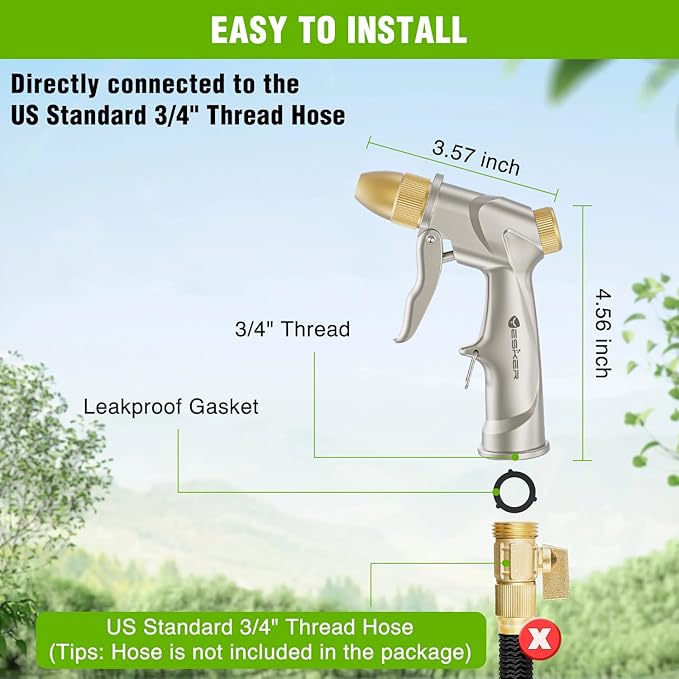 Yesker Garden Hose Nozzle, Water Hose Sprayer Nozzle Adjustable 4 Spray Patterns Heavy Duty Handheld 100% Metal Brass Water Nozzles for Hose Outdoor Watering Plants Lawns Garden Washing Cars Pets Home
