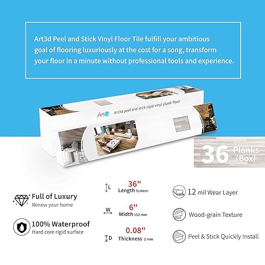 Art3d Peel and Stick Floor Tile Vinyl Wood Plank 36-Pack 54 Sq.Ft, Brown Stone, Rigid Surface Hard Core Easy DIY Self-Adhesive Flooring