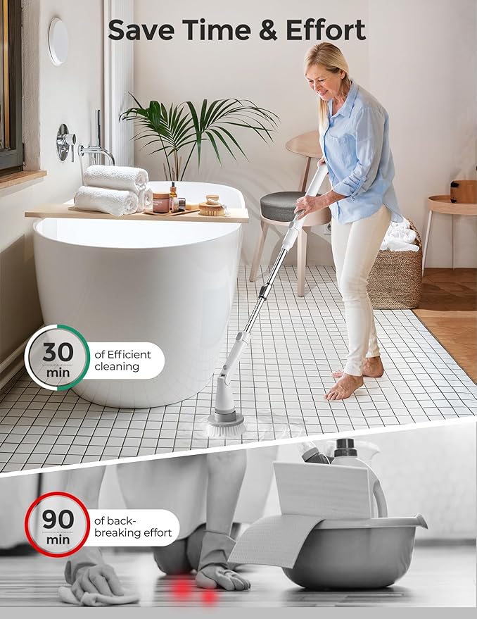 kHelfer Electric Spin Scrubber, Cordless Shower Scrubber with Long Handle, 8 Replacement Heads, 1.5H Bathroom Scrubber Dual Speed, Shower Cleaning Brush with Extension Arm for Bathtub Tile Floor