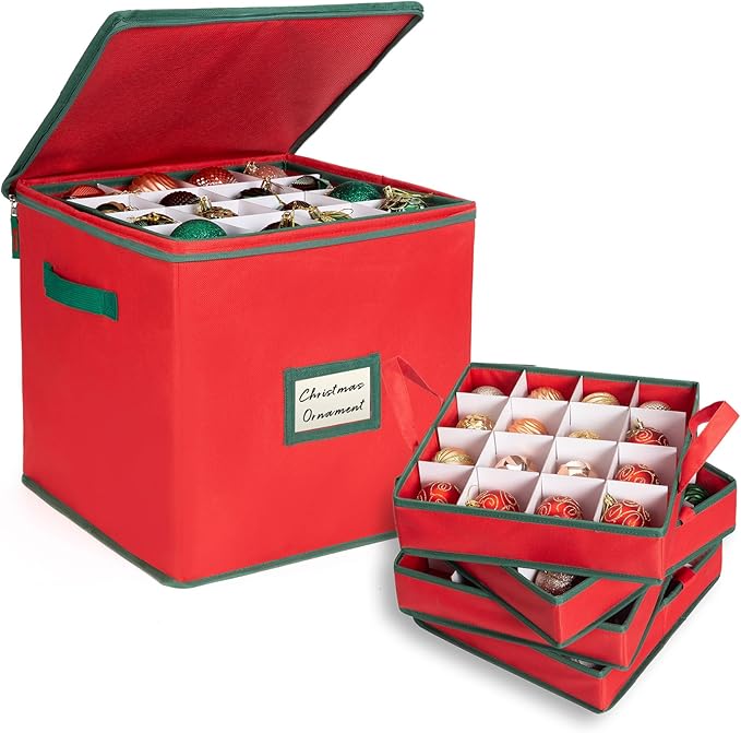 Christmas Ornament Storage Box Containers Holiday Decoration Organizer, Christmas Ball Accessories Holder with Adjustable Dividers, 4 Removable Trays, Zippered Closure, 600D Oxford 13x13x13.39