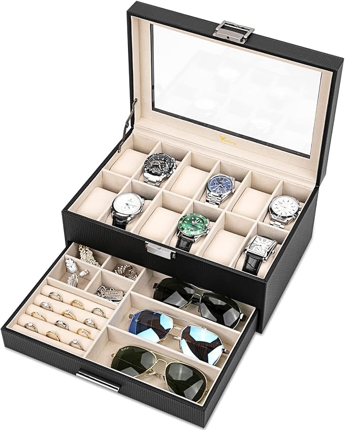 Voova Jewelry Box Organizer for Men Women, 2 Layer Large 12 Slot PU Leather Watch Storage Case, Glass Top Jewelry Display Holder for Watches Sunglasses Rings Necklaces Bracelets,Black