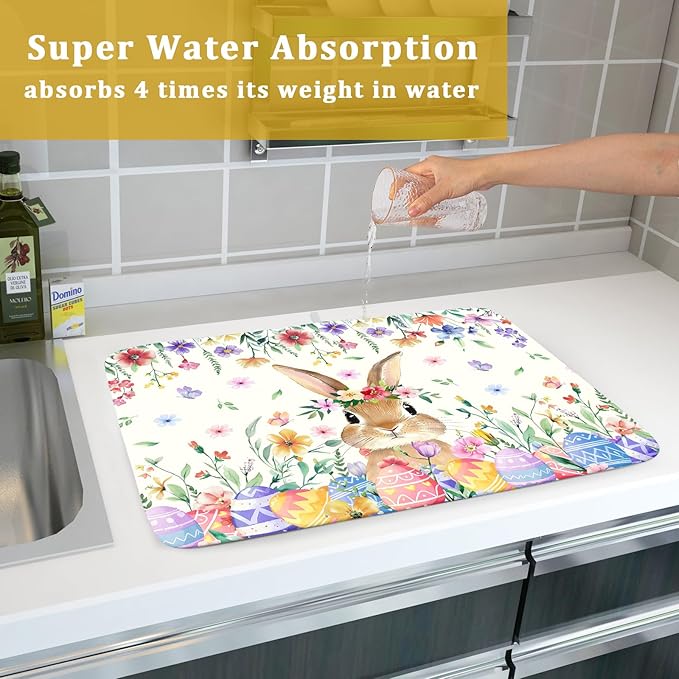 Giwawa Easter Rabbit Dish Drying Mat Spring Flower Dish Drainer Rack Mats 18x24 inch Absorbent Microfiber Fast Dry Pad Kitchen Counter Accessories